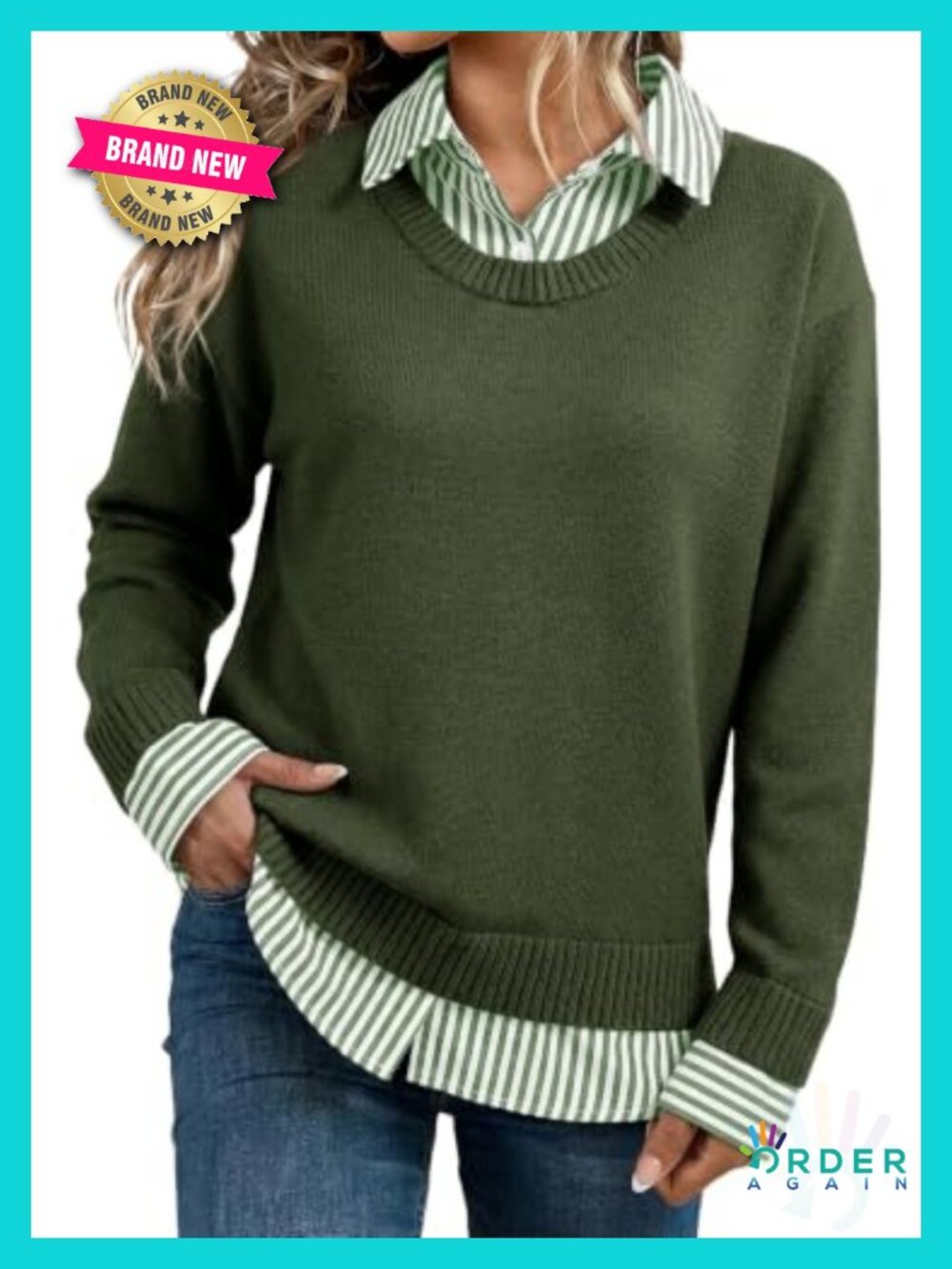 Women's V-Neck Polo Knit Pullover Sweater Long Sleeve 2-in-1 Layered